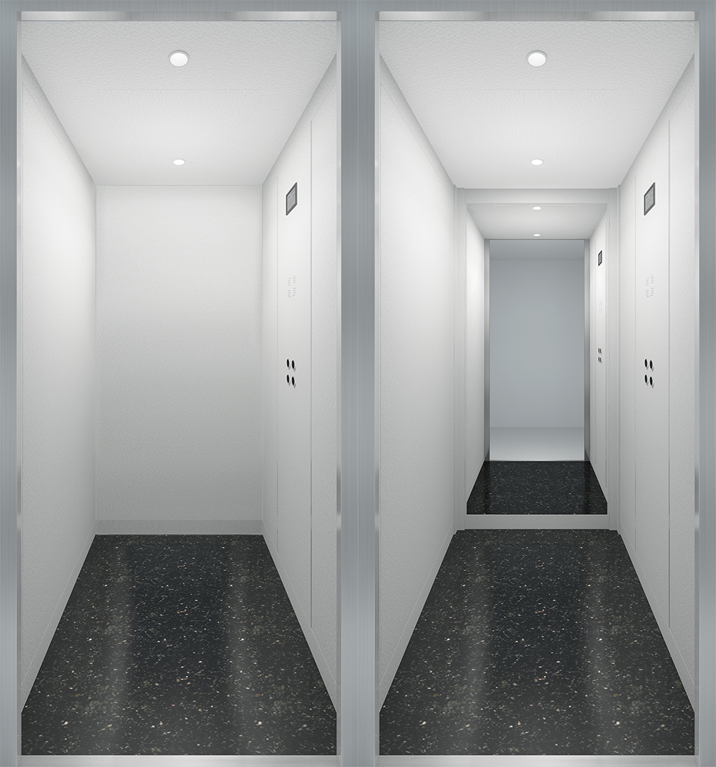 Cabin Renders_Classic Lift_01 Two modern white elevators with doors open