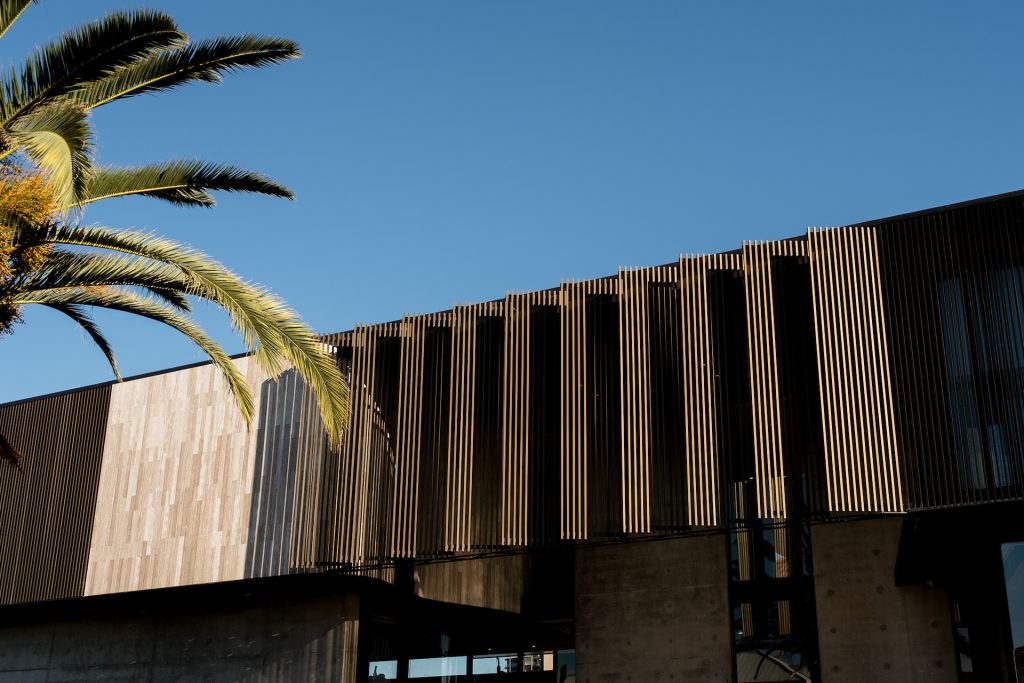 Modern building facade with palm tree under blue sky.