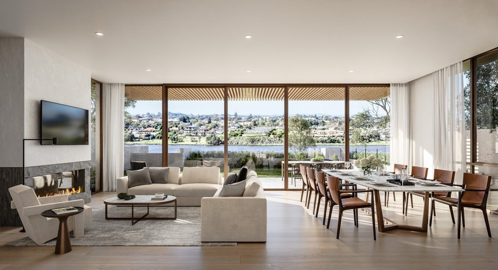 Modern open-plan living room with river views