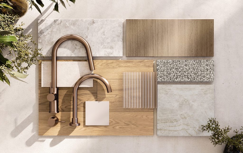 Bronze tapware with wood and stone samples