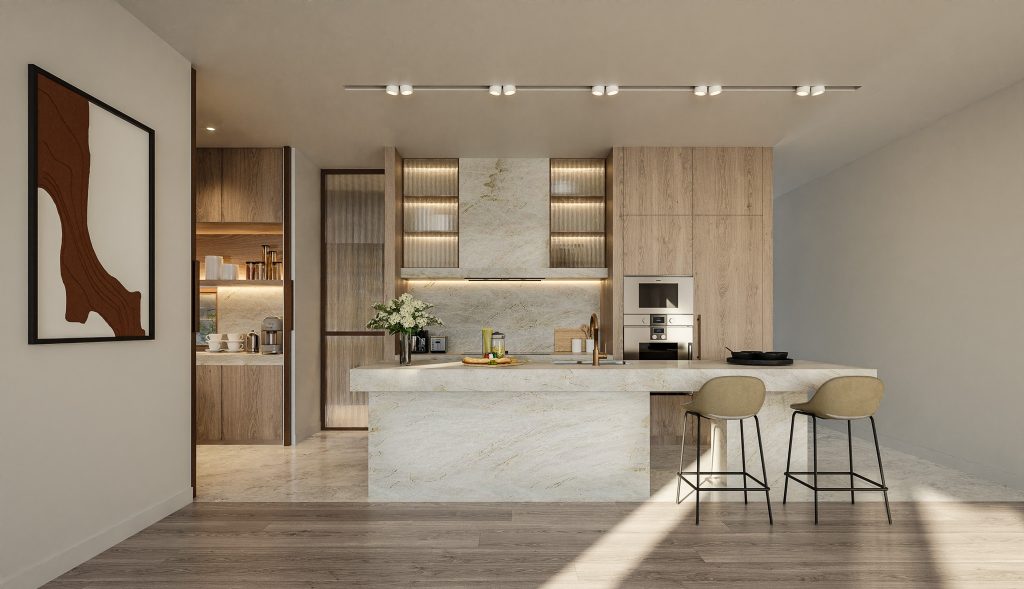 Modern kitchen with marble island and wooden cabinetry
