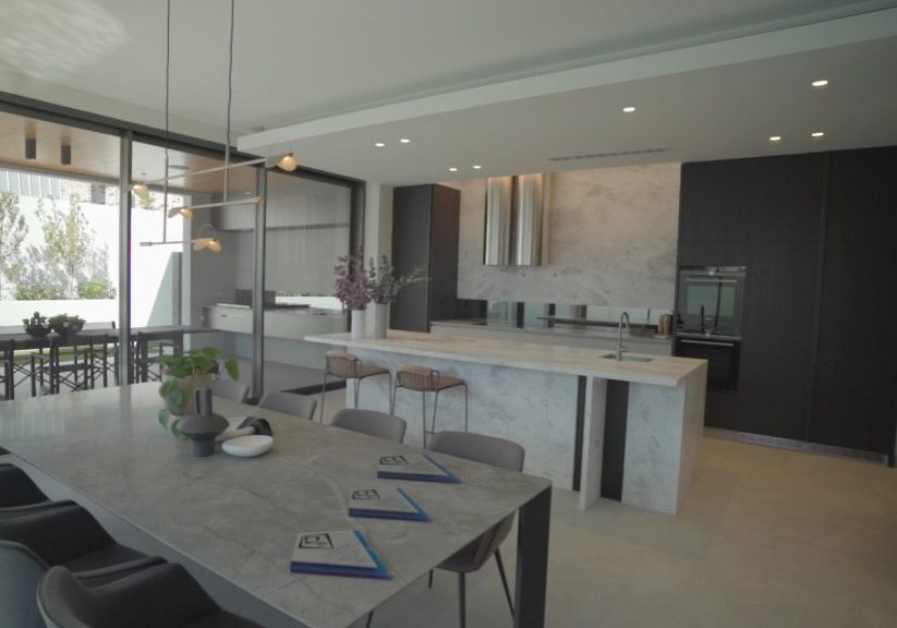 modern kitchen with cool natural tones.